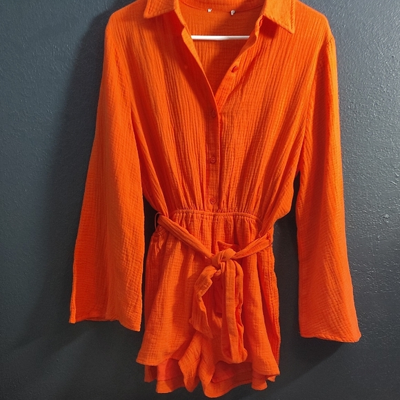 No Brand Pants - Bright Orange Button-Front Tie-Waist Gauze Romper